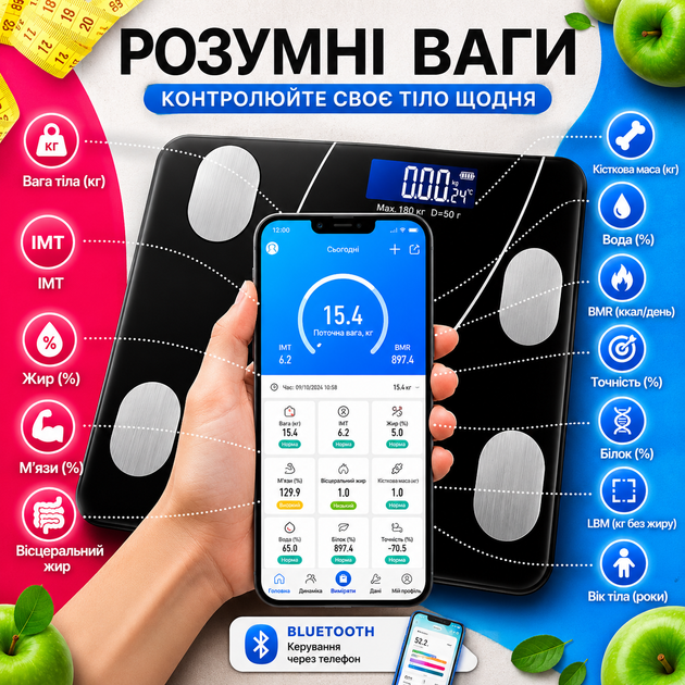 Весы напольные умные электронные спортивные для дома Scale стеклянные смарт фитнес черные Bluetooth с приложением для смартфона 180 кг с 17 показателями здоровья для спорта - изображение 9