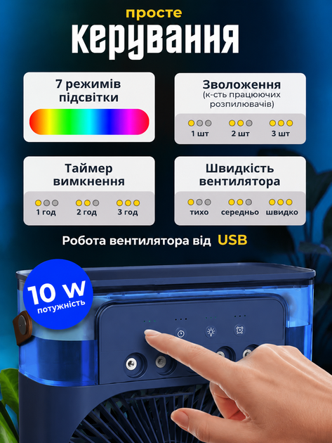 Мини-кондиционер настольный портативный от USB 3в1 Aero RGB 600 мл увлажнитель воздуха и вентилятор с таймером и 7 режимами подсветки Blue - изображение 2