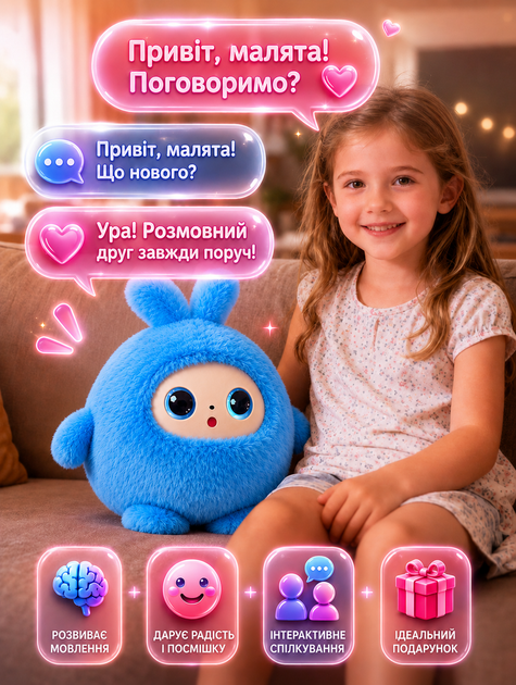 Интерактивная плюшевая игрушка с искусственным интеллектом AI анимированными глазами и функцией воспроизведения звука Зайчик Синий - изображение 4