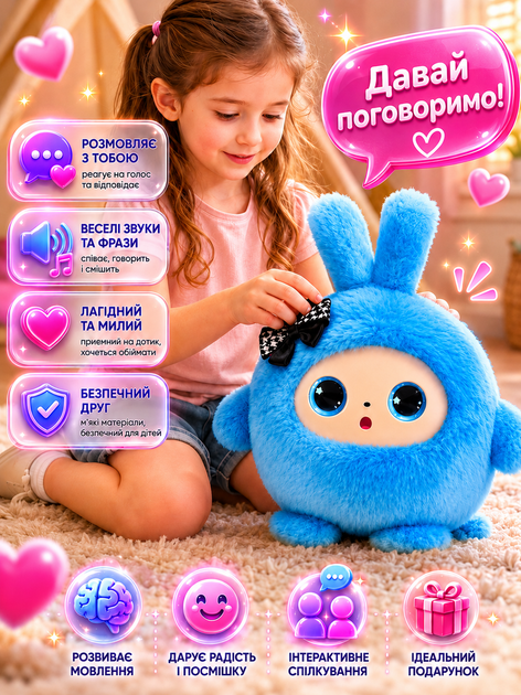 Интерактивная плюшевая игрушка с искусственным интеллектом AI анимированными глазами и функцией воспроизведения звука Зайчик Синий - изображение 5
