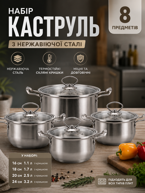 Кухонний набір каструль 8 предметів з нержавіючеї сталі та термостійкими скляними кришками для дому на кухню - Фото 1 Кухонний набір каструль 8 предметів з нержавіючеї сталі та термостійкими скляними кришками для дому на кухню - зображення 1