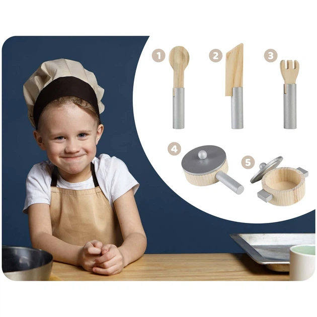 Дерев'яна дитяча кухня XL Ricokids 7835 з посудом та аксесуарами 85×60×30 см Біла Польща - Фото 9 Дерев'яна дитяча кухня XL Ricokids 7835 з посудом та аксесуарами 85×60×30 см Біла Польща - зображення 9