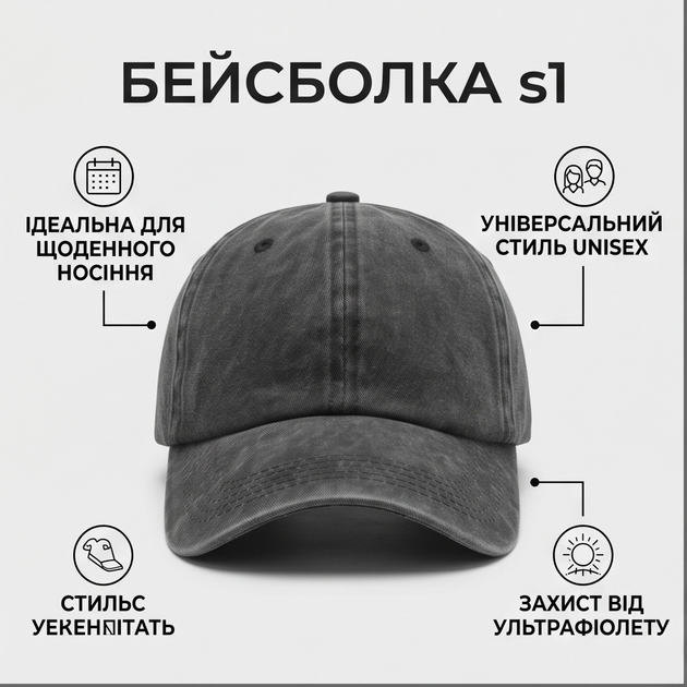 Кепка бейсболка хлопковая потертая Vintage унисекс темно-серая для парня и девушки универсальный Серый - изображение 2