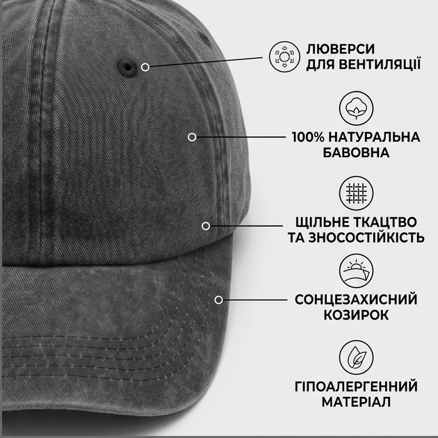 Кепка бейсболка хлопковая потертая Vintage унисекс темно-серая для парня и девушки универсальный Серый - изображение 3