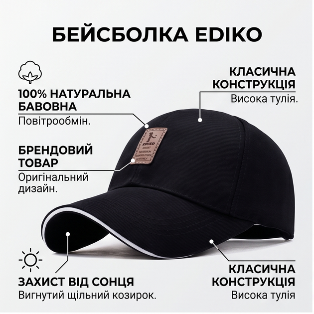 Бейсболка Ediko с изогнутым козырьком One size, кепка солнцезащитная повседневная универсальная Черный - Фото 2 Бейсболка Ediko с изогнутым козырьком One size, кепка солнцезащитная повседневная универсальная Черный - изображение 2