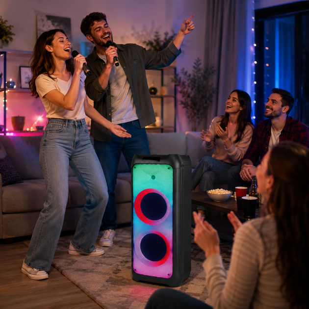 Портативная акустическая система ZXX-5590 100W (2х10" динамика) с Bluetooth, LED-подсветкой и 2 беспроводными микрофонами, автономная караоке-колонка - изображение 4