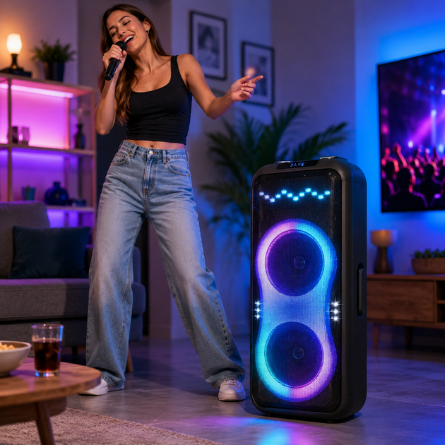 Портативна акустика ZXX-1510 / Караоке колонка 100Вт / Переносна акустична колонка з LED підсвічуванням + 2 мікрофони / Подвійна 10-дюймова акустична переносна колонка - зображення 3