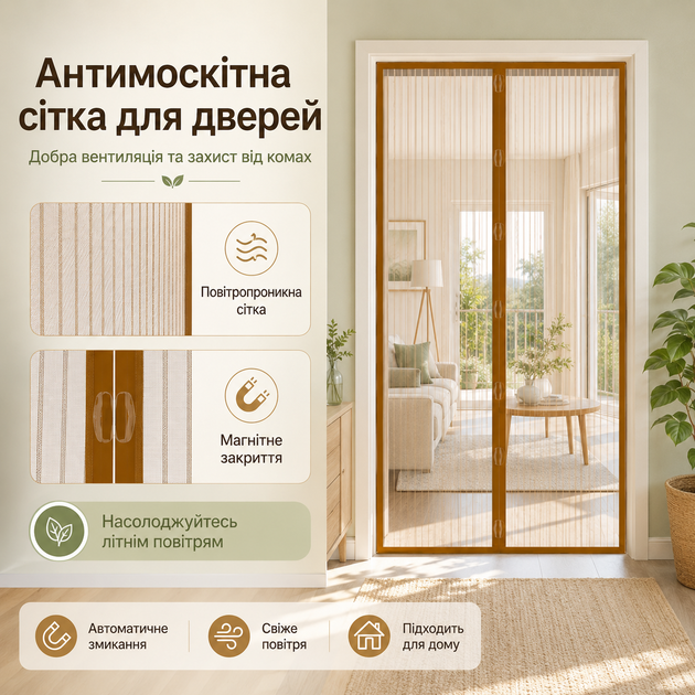 Антимоскітна магнітна сітка на двері 100×210 см із автоматичним закриттям - изображение 6