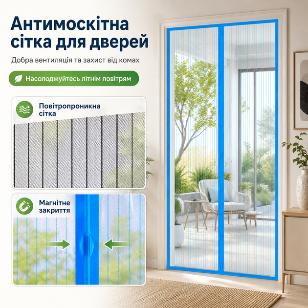 Антимоскітна магнітна сітка 100×210 см на двері із автоматичним закриттям - изображение 2