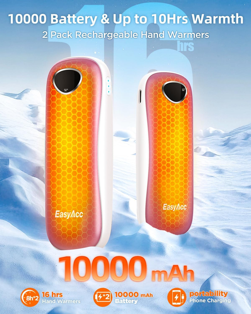 Аккумуляторные грелки для рук EasyAcc 10000 мАч Набор 2 шт Электрическая грелка многоразовая с LED-дисплеем Розово-белая - изображение 3