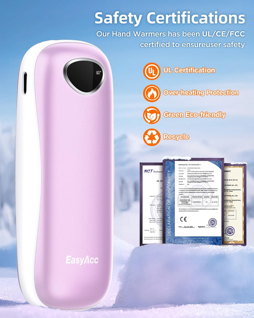 Аккумуляторные грелки для рук EasyAcc 10000 мАч Набор 2 шт Электрическая грелка многоразовая с LED-дисплеем Розово-белая - изображение 7