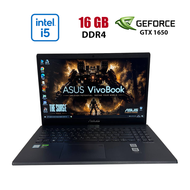 Ігровий ноутбук Б-клас Asus VivoBook X571GT / 15.6" (1920x1080) IPS / Intel Core i5-9300H (4 (8) ядра по 2.4 - 4.1 GHz) / 16 GB DDR4 / 512 GB SSD / nVidia GeForce GTX 1650, 4 GB GDDR5, 128-bit / WebCam б/в - Фото 1 Ігровий ноутбук Б-клас Asus VivoBook X571GT / 15.6" (1920x1080) IPS / Intel Core i5-9300H (4 (8) ядра по 2.4 - 4.1 GHz) / 16 GB DDR4 / 512 GB SSD / nVidia GeForce GTX 1650, 4 GB GDDR5, 128-bit / WebCam б/в - зображення 1