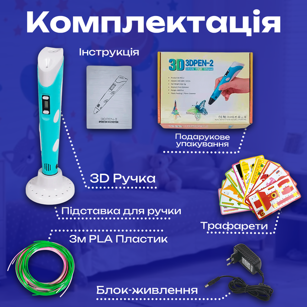 3Д-ручка дитяча дротова блакитна для дітей малювання творчості у комплекті 10 м еко пластику 10 з трафаретами LCD-дисплеєм 3D Pen - зображення 4