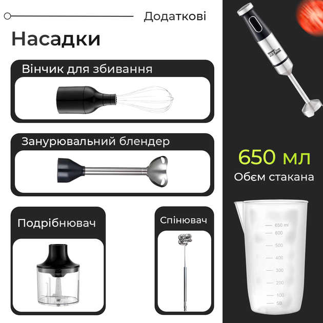 Блендер погружной мощный ручной Zepline 1500вт набор 5в1 с насадками измельчитель венчик чоппер вспенитель чаш - изображение 5