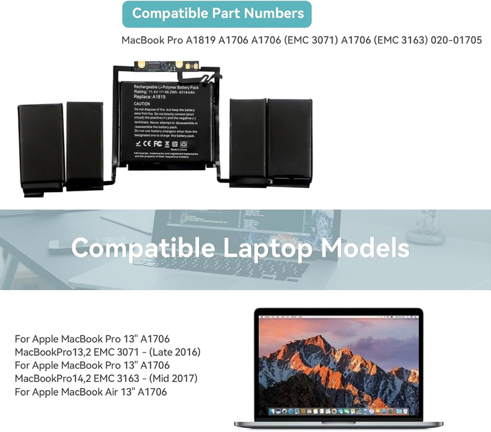 Аккумулятор для Apple MacBook Pro 13 A1706 A1819 K KYUER 11.4V 49.2Wh Батарея для макбука с Touch Bar - изображение 4