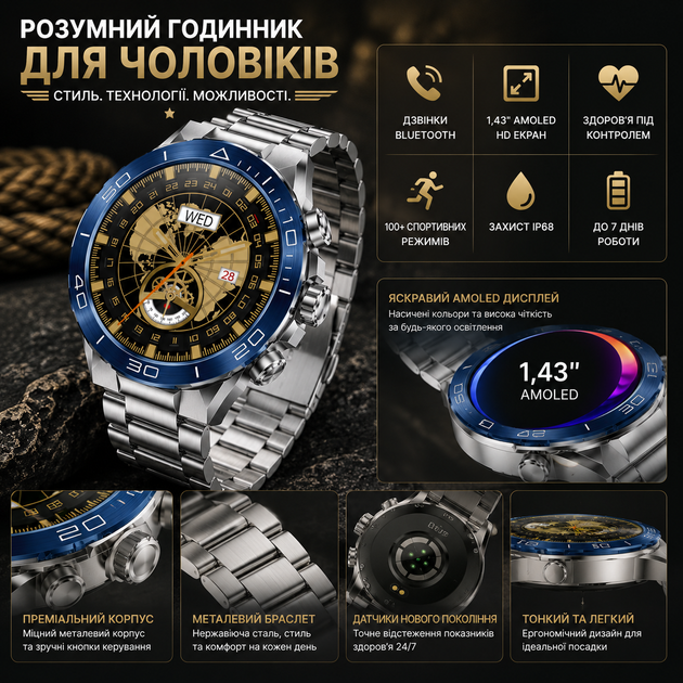 Чоловічий тактичний смарт-годинник Kesasoxe з AMOLED екраном водонепроникний армійський розумний годинник із дзвінками - зображення 4