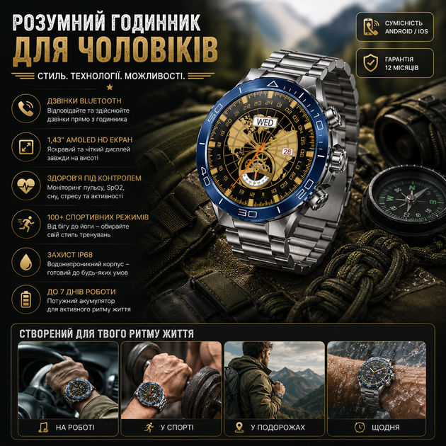 Чоловічий тактичний смарт-годинник Kesasoxe з AMOLED екраном водонепроникний армійський розумний годинник із дзвінками - зображення 5