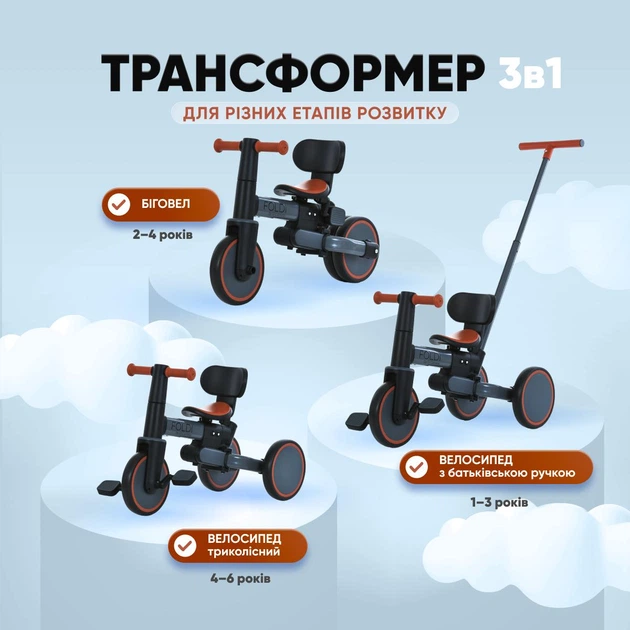Триколісний велосипед з батьківською ручкою керування EL CAMINO ME 1202 FOLDI Graphite - зображення 3