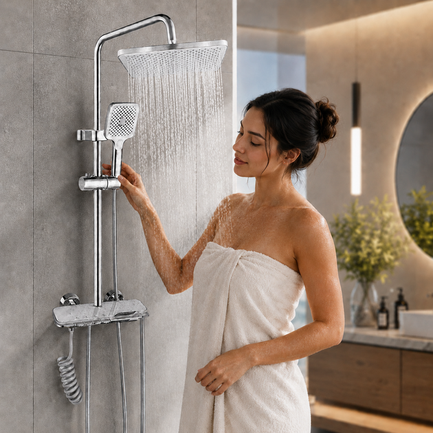 Душевая система Faucet CRH-8916 со смесителем, верхний и ручной душ, металлическая, хром - изображение 3
