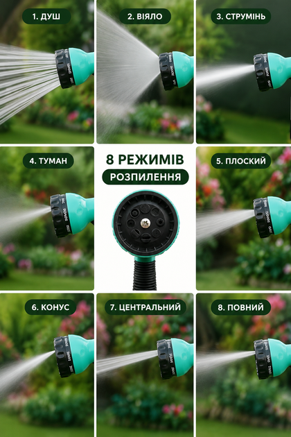 Садовый пистолет-распылитель для шланга 8 режимов полива с коннекторами и адаптером для крана, для полива сада, мойки авто и двора - Фото 3 Садовый пистолет-распылитель для шланга 8 режимов полива с коннекторами и адаптером для крана, для полива сада, мойки авто и двора - изображение 3