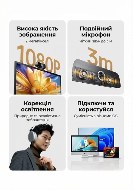 Веб-камера UGREEN с микрофоном USB-веб-камера Full HD 1080P 30fps Black (CM925) - изображение 3