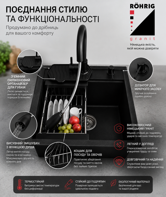 Кухонная мойка AQUAMARIN ASTI pro ONX (Черный) Гранитная+Смеситель+Дозатор+Органайзер для губки - изображение 2