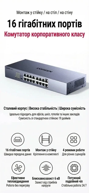 Коммутатор UGREEN 16-портовый Gigabit Ethernet Switch в алюминиевом корпусе (CM939) - Фото 10 Коммутатор UGREEN 16-портовый Gigabit Ethernet Switch в алюминиевом корпусе (CM939) - изображение 10