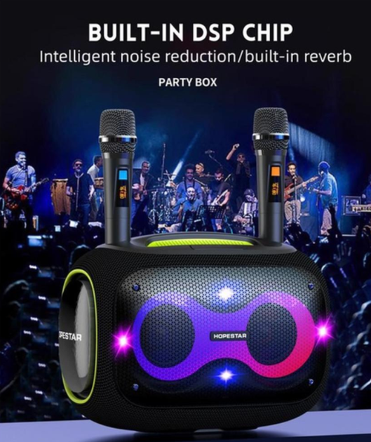 Портативная колонка bluetooth HOPESTAR PartyBox RGB 120W с двумя микрофонами Черная 016809 - Фото 9 Портативная колонка bluetooth HOPESTAR PartyBox RGB 120W с двумя микрофонами Черная 016809 - изображение 9