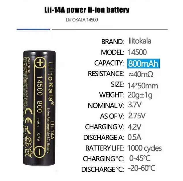 Аккумулятор AA 14500 LiitoKala Lii-14A 800 mAh пальчиковый литий-ионный Li-Ion 3,7V Плоский плюс (19318) - изображение 4