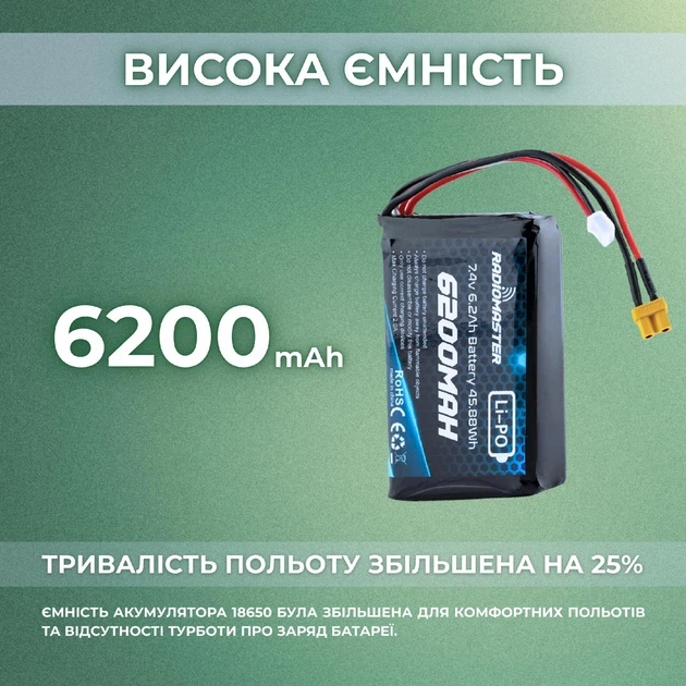Аккумулятор RadioMaster 2S 6200 mAh FPV JST-XH и XT30, TX16S, BOXER (19262) - Фото 8 Аккумулятор RadioMaster 2S 6200 mAh FPV JST-XH и XT30, TX16S, BOXER (19262) - зображення 8