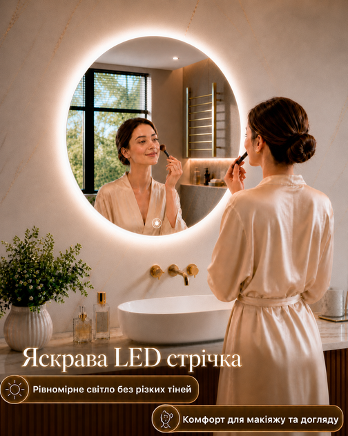 Дзеркало з підсвіткою для вітальні настінне кругле LED дзеркало для макіяжу косметичне 69х69 см Asans - зображення 3