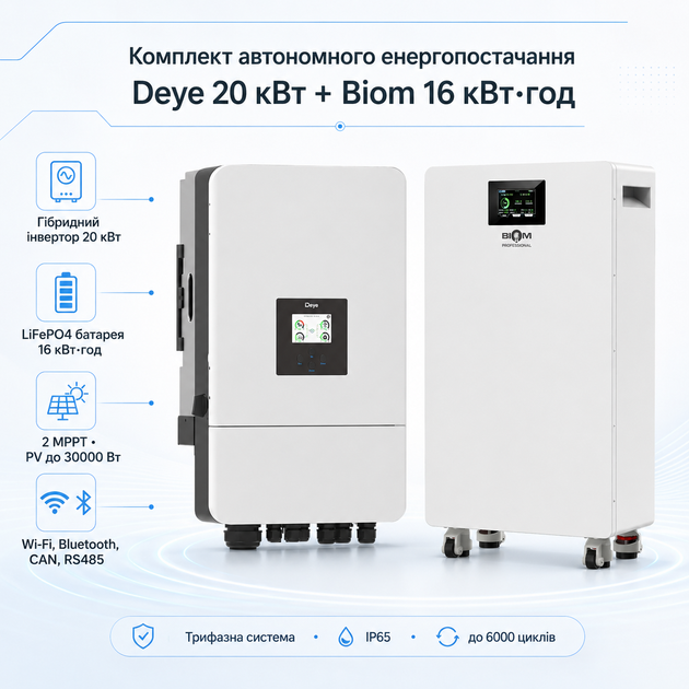 Комплект автономного енергопостачання Deye SUN-20K-SG05LP3-EU-SM2 20 кВт + Biom Professional BALFP-512314-V2 16 кВт·год White - зображення 2