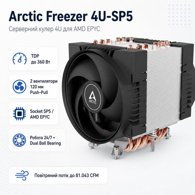 Кулер процесорний Arctic Freezer 4U-SP5 4U AMD SP5 360 Вт 3300 об/хв Black/Silver (ACFRE00158A) - зображення 2