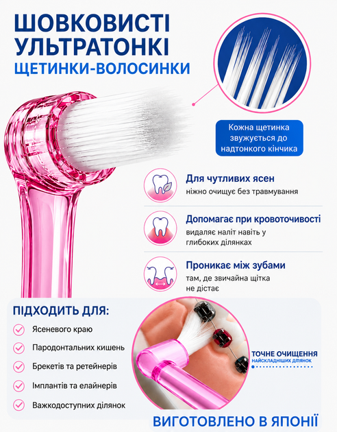 Зубная японская шелковистая мягкая монопучковая щетка "MICLIN" S (4562189963836_розовая) - Фото 4 Зубная японская шелковистая мягкая монопучковая щетка "MICLIN" S (4562189963836_розовая) - изображение 4