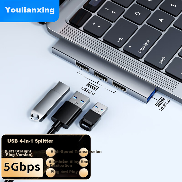 Бездротова USB-док-станція для ноутбука Youlianxing з прямим підключенням, встановлювана з лівого боку, USB-розгалужувач 1-к-4, розширювальний концентратор, USB-концентратор, USB-флеш-накопичувач, миша, клавіатура. - зображення 4