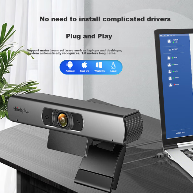 Веб-камера для комп'ютера Lenovo ThinkPlus, 1080p HD з мікрофоном, що підключається до зовнішнього пристрою для відеоконференцій на планшеті або ноутбуці MCAFHD01+ - зображення 8