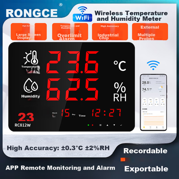 Промышленный термометр и влагомер Rongce RC812W, домашний, комнатный, с мобильным Wi-Fi, дистанционный мониторинг и сигнализация, регистратор для производственного помещения. - изображение 4
