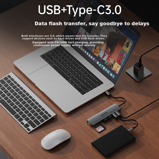 Док-станция расширения Lenovo Type-C, преобразователь USB-C в HDMI, USB 3.0-концентратор, разветвитель для ноутбука, функция зеркального отображения экрана 4K60 Гц, быстрая зарядка PD, многопортовый адаптер. - изображение 6