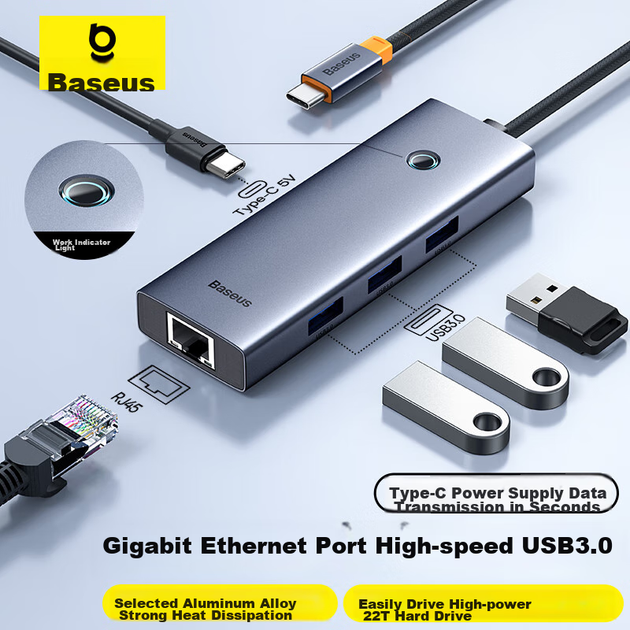Док-станция расширения Baseus, зарядное устройство Type-C, адаптер USB-C на Gigabit Ethernet, разветвитель-конвертер, универсальный Thunderbolt 4 для ноутбуков Apple и Huawei, автомобильное крепление. - изображение 4