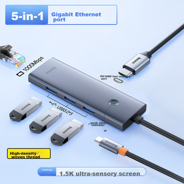 Док-станция расширения Baseus, зарядное устройство Type-C, адаптер USB-C на Gigabit Ethernet, разветвитель-конвертер, универсальный Thunderbolt 4 для ноутбуков Apple и Huawei, автомобильное крепление. - изображение 5