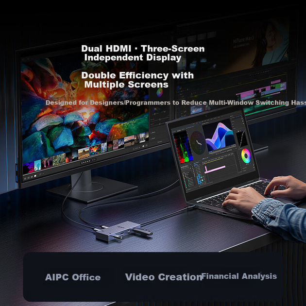 Ugreen Type-C до Dual HDMI Triple Display Dock USB-C Thunderbolt 5/4 10G адаптер 4K60Hz Multi-Screen Expansion для ноутбуків Lenovo Xiaomi MST - изображение 6