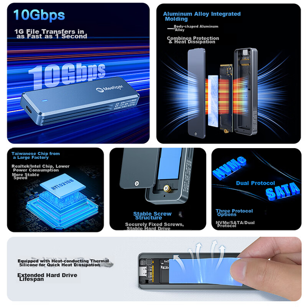 Корпус для M.2 SSD Mihu (Meetiger), протокол NVMe, портативный корпус для жесткого диска M2, внешний SSD USB 3.2 10 Гбит/с, цельноалюминиевый корпус, PN80 - изображение 10