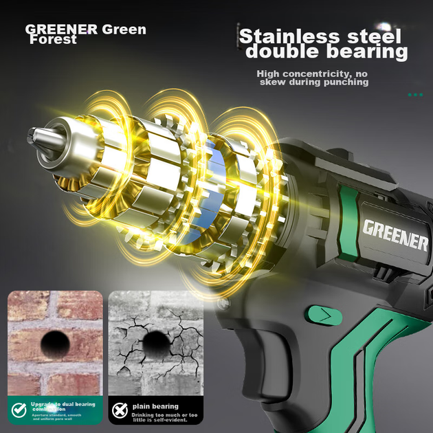 Электрическая дрель GREENER 21 В с бесщеточным двигателем, литиевая аккумуляторная дрель, пистолетная дрель, бытовая электрическая отвертка, ударная дрель, набор инструментов для ящика - изображение 6