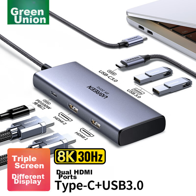 Док-станция UGREEN Type-C с двумя HDMI-разъемами для трех экранов, совместимая с док-станцией расширения Thunderbolt 4/5 8K и USB-адаптером, разветвителем/удлинителем для нескольких мониторов 8K для Huawei и Lenovo. - изображение 11