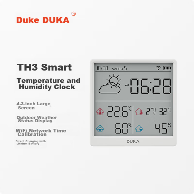 Комнатный термометр-гигрометр DUKA со встроенными часами, Wi-Fi, умный дом, цифровые электронные часы, съемная и настольная конструкция TH3, белый цвет. - изображение 4