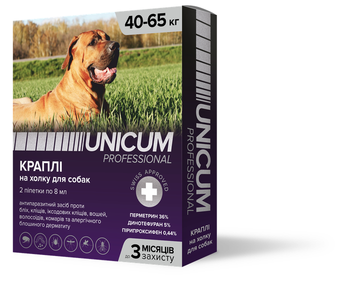 Краплі від бліх та кліщів на холку для собак Unicum PRO 40-65 кг (перметрин) - Фото 1 Краплі від бліх та кліщів на холку для собак Unicum PRO 40-65 кг (перметрин) - изображение 1