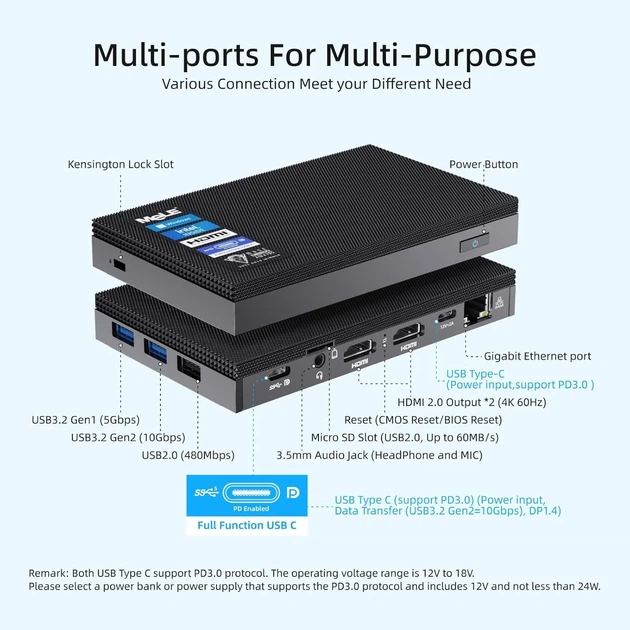 Мини ПК MeLE Quieter 4C F5Q / Intel N100 / RAM 16GB / SSD 512GB / 2 х HDMI / LAN / Wi-Fi 5 / Bluetooth 5.1 / Windows 11 / Black (101939611) - изображение 3