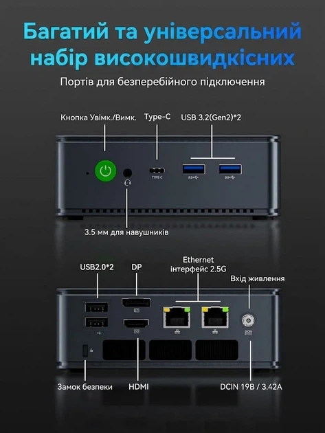 Мини ПК GMKtec Nucbox M5 Plus / AMD Ryzen 7 5825U / RAM 16GB / SSD 512GB / 2 x LAN 2.5G / Wi-Fi 6E / Bluetooth 5.2 / Windows 11 / Серый (101939202) - изображение 4