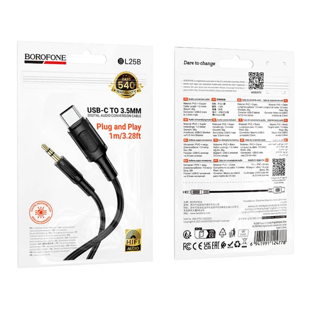 AUX кабель Borofone BL25B Nice, Type-C, 3,5 мм., 1.0 м., Чорний - 692463 - зображення 9