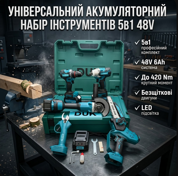 Набор аккумуляторный 5в1 DUK 48V (шуруповерт DTW485 + УШМ 9237CB + гайковерт DTW301 + секатор DUP365 + минипила DUC210Z) профессиональный комплект 6Ah - Фото 1 Набор аккумуляторный 5в1 DUK 48V (шуруповерт DTW485 + УШМ 9237CB + гайковерт DTW301 + секатор DUP365 + минипила DUC210Z) профессиональный комплект 6Ah - изображение 1